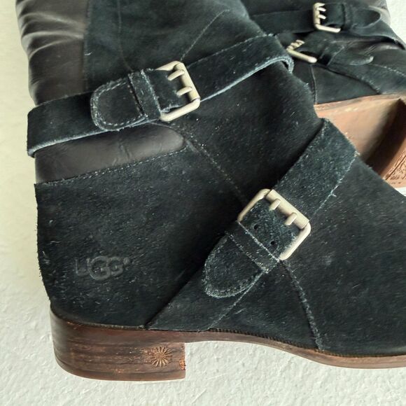 Size 9.5 - Ugg Cydnee Boots Black Leather Knee High Buckle Sheepskin Shearling - Picture 2 of 9